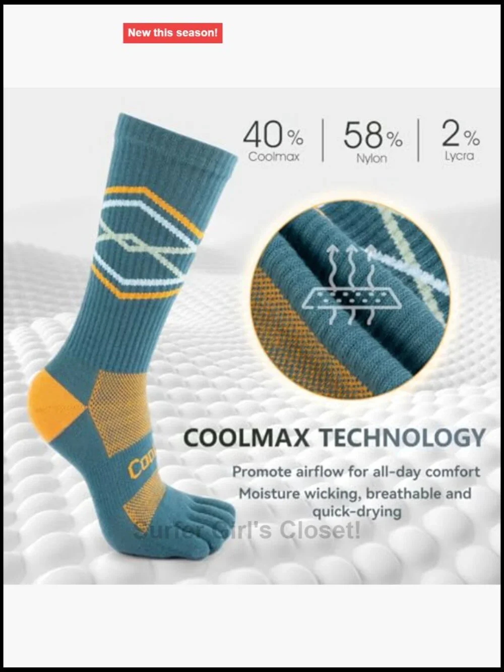 Coolmax Toe Socks 3 Pairs Moisture Wicking Crew Running Socks